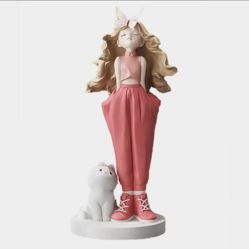 Animated character with long blonde hair and pink outfit standing next to a small white dog on a white background