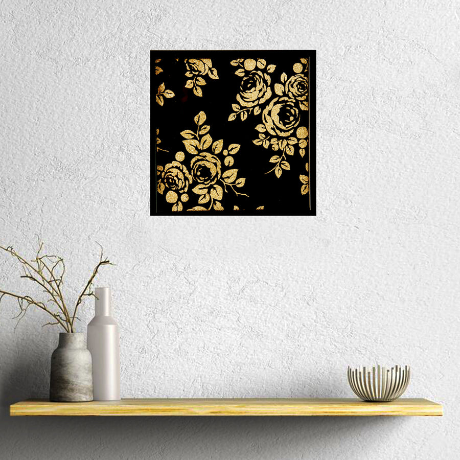 Wall Framed Art Glitter Finish Gold Floral, 18x18 cm