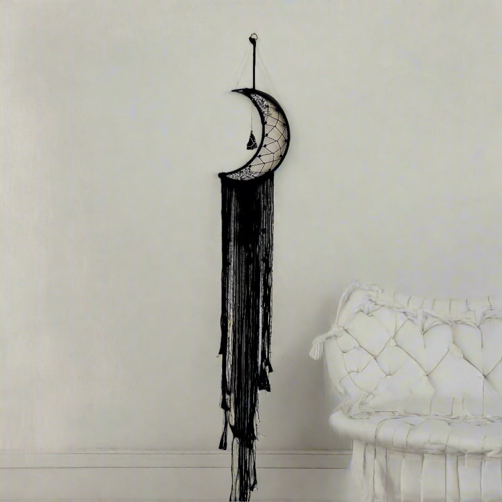 Woven Macrame Wall Hanging Black Sun Moon Dream Catcher 80 cm