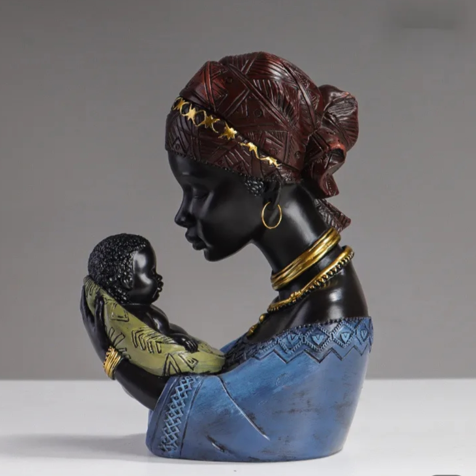 African Mother Figurine w Baby 23 cm