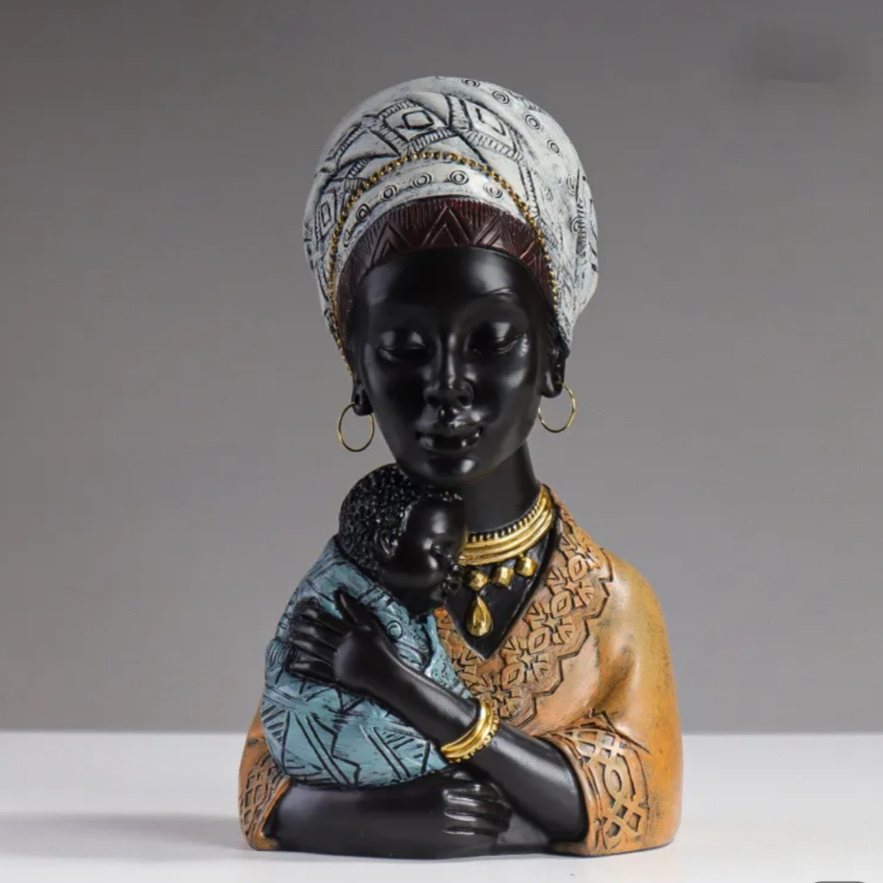 African Mother Figurine w Baby 23 cm