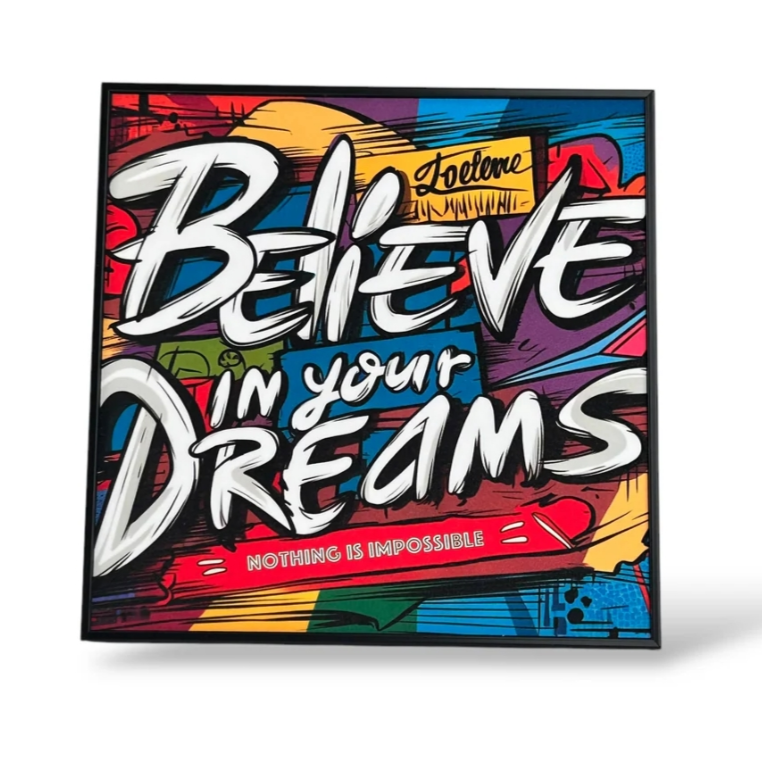 Wall Framed Art Glitter Finish Believe in ur Dreams, 22x22 cm