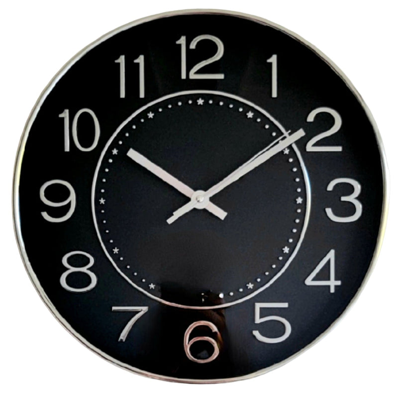 Black wall clock on a white wall