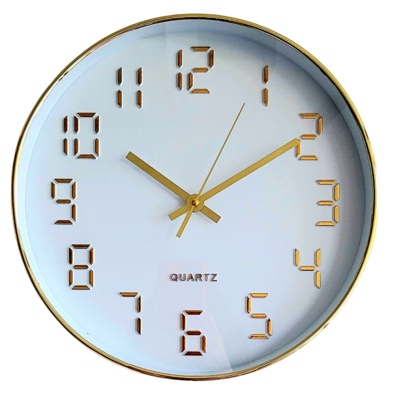 Round wall clock with gold hands