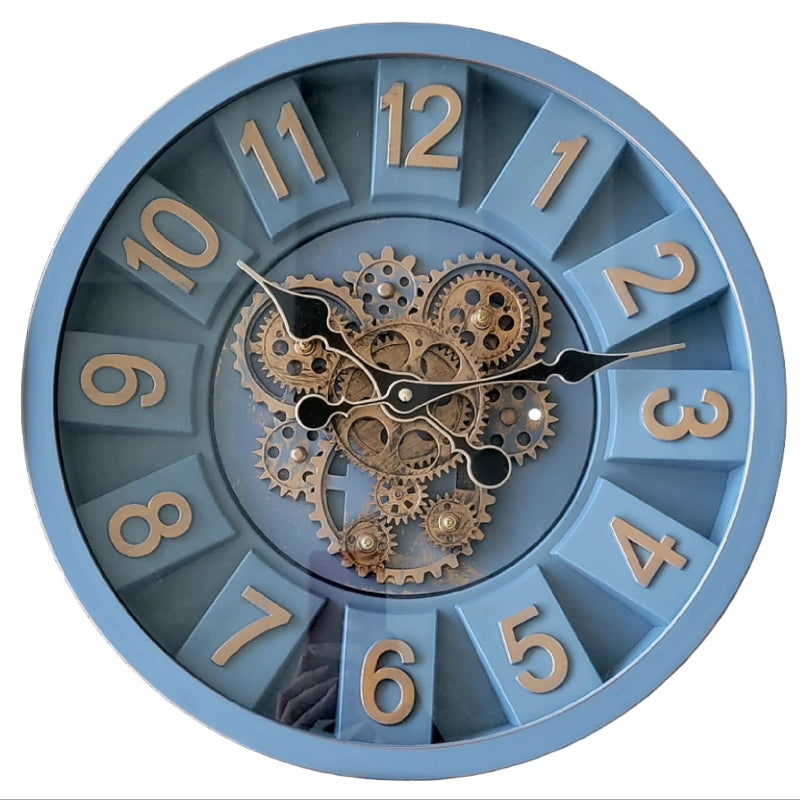Blue clock with gear mechanism