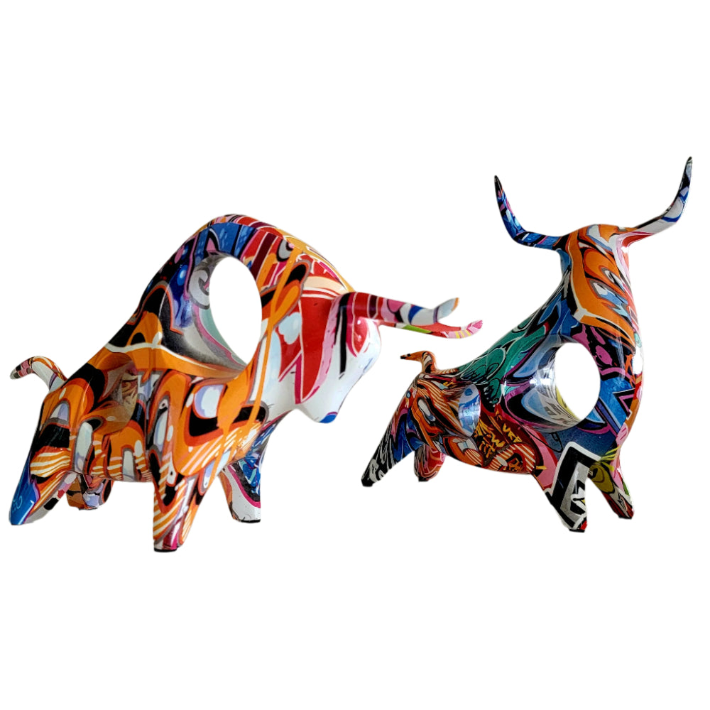 Painted Graffiti Bull Sculpture Set of 2 Pcs - 25x15 cm | 20x19 cm
