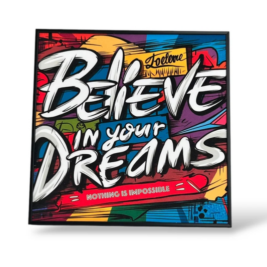 Wall Framed Art Glitter Finish Believe in ur Dreams, 22x22 cm