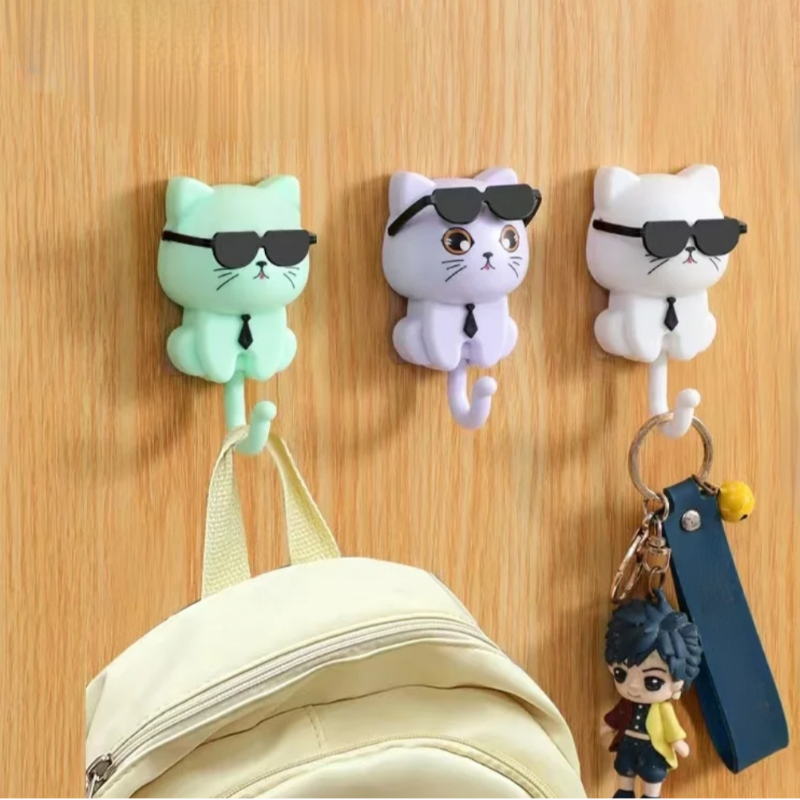 Three cat-shaped hooks with sunglasses 