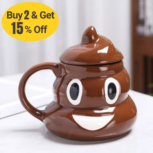 A brown ceramic mug shaped like a smiling poop emoji