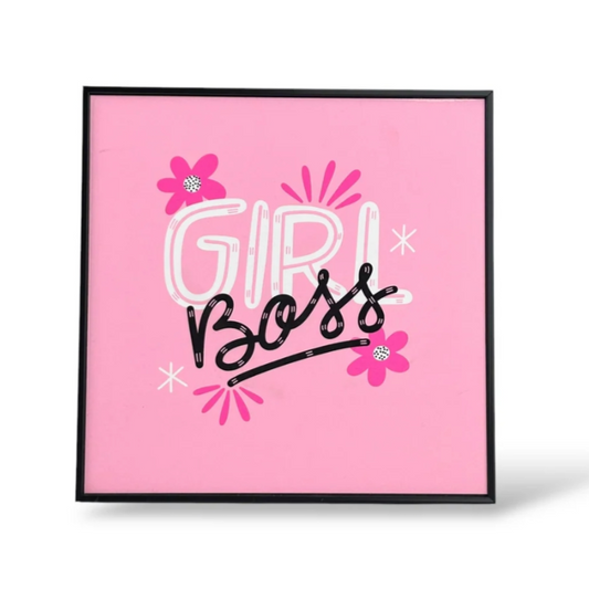 Wall Framed Art Glitter Finish Girl Boss, 22x22 cm