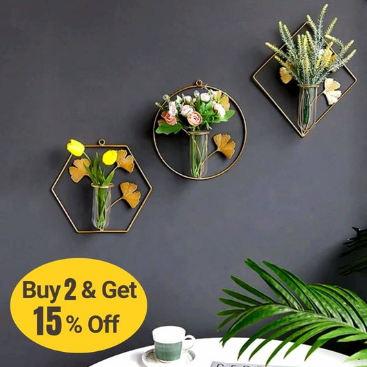 Wall Gold Metal Floral with Vase Glass Cup